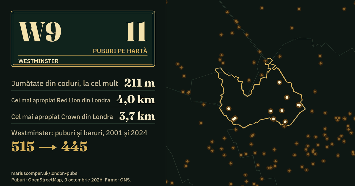 11 puburi pe hartă. Cel mai apropiat Red Lion din Londra: la 4,0 km. Westminster: 515 puburi și baruri în 2001, 445 în 2024.