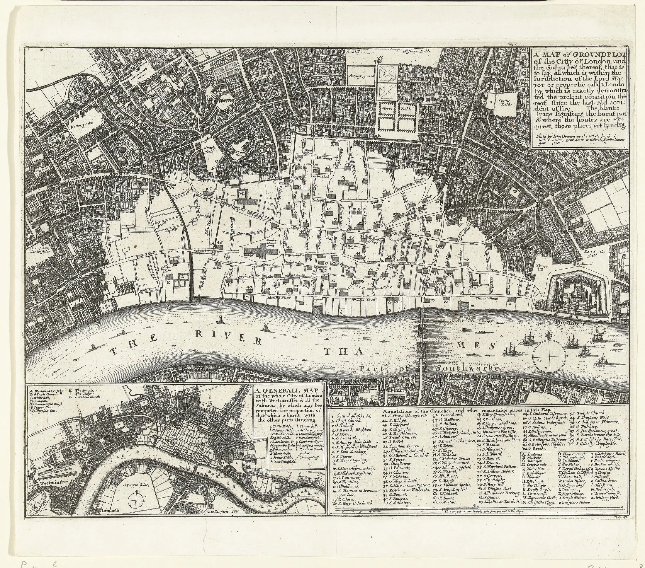 Harta lui Wenceslaus Hollar, tipărită în 1666: zona arsă e lăsată albă, cu doar bisericile și câteva clădiri conturate.