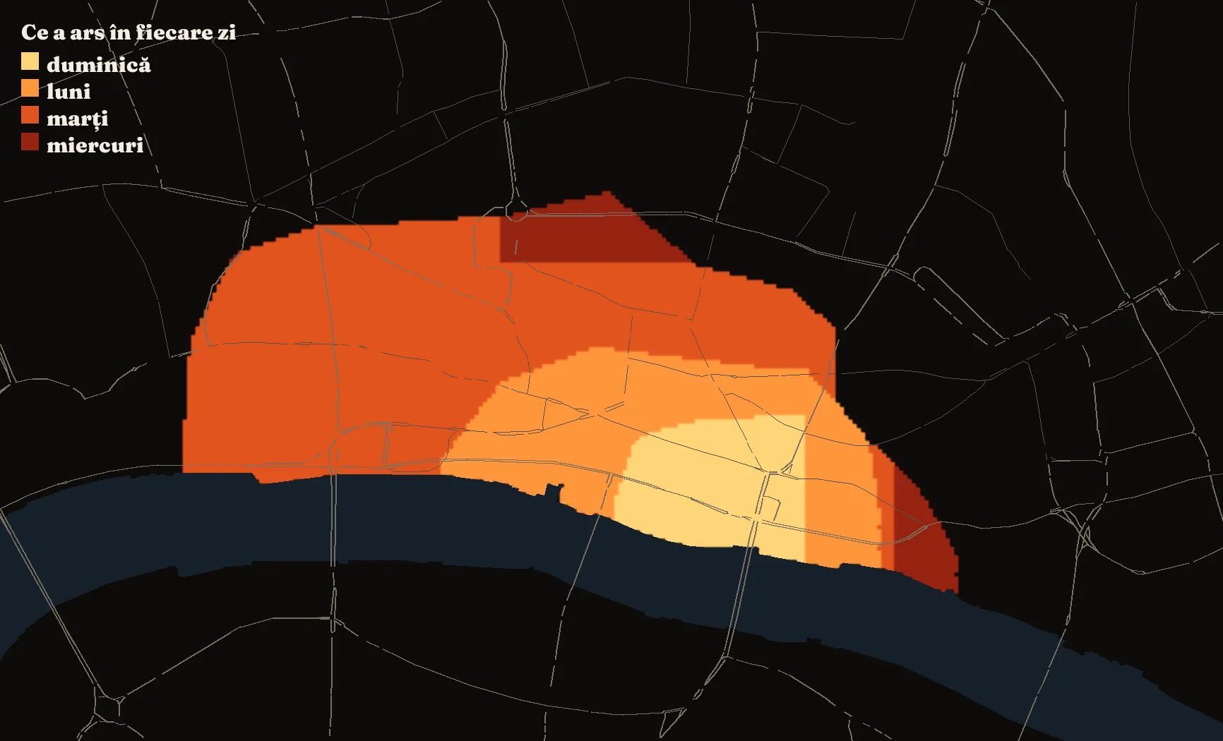Harta City-ului de azi, cu zona arsă colorată după zi: duminică în jurul podului și de-a lungul râului, luni până la Cheapside și Cornhill, marți până la St Paul's și Fleet Street, miercuri marginile de la Temple, Cripplegate și Turn.