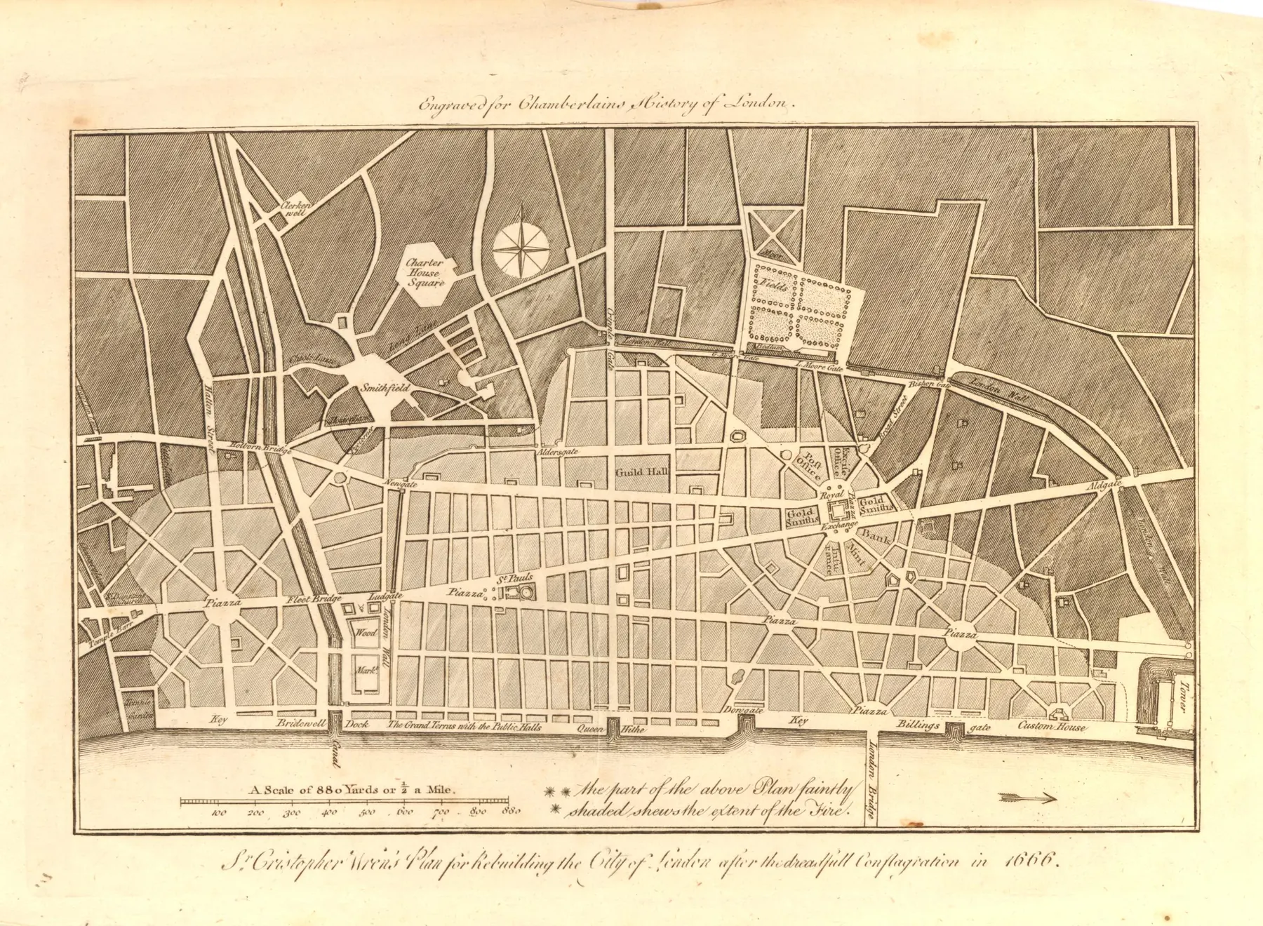 Planul lui Christopher Wren pentru un City nou, 1666: străzi drepte care pornesc în stea din piețe. N-a fost construit.