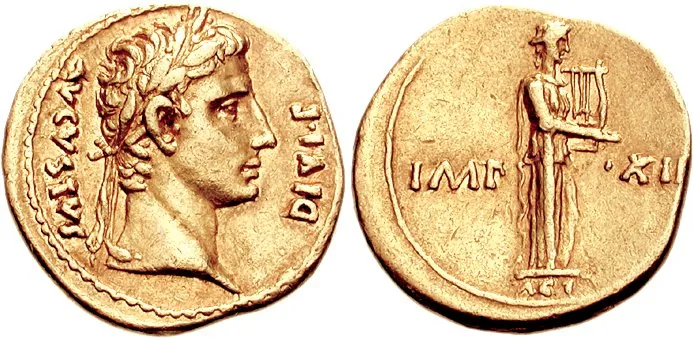 Aureus cu Augustus, bătut la Lugdunum.