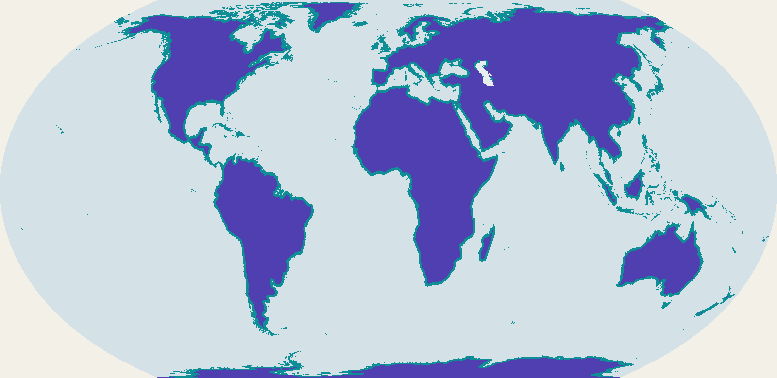 A world map in two colours: violet where space is nearer than the sea, teal where the sea is nearer.