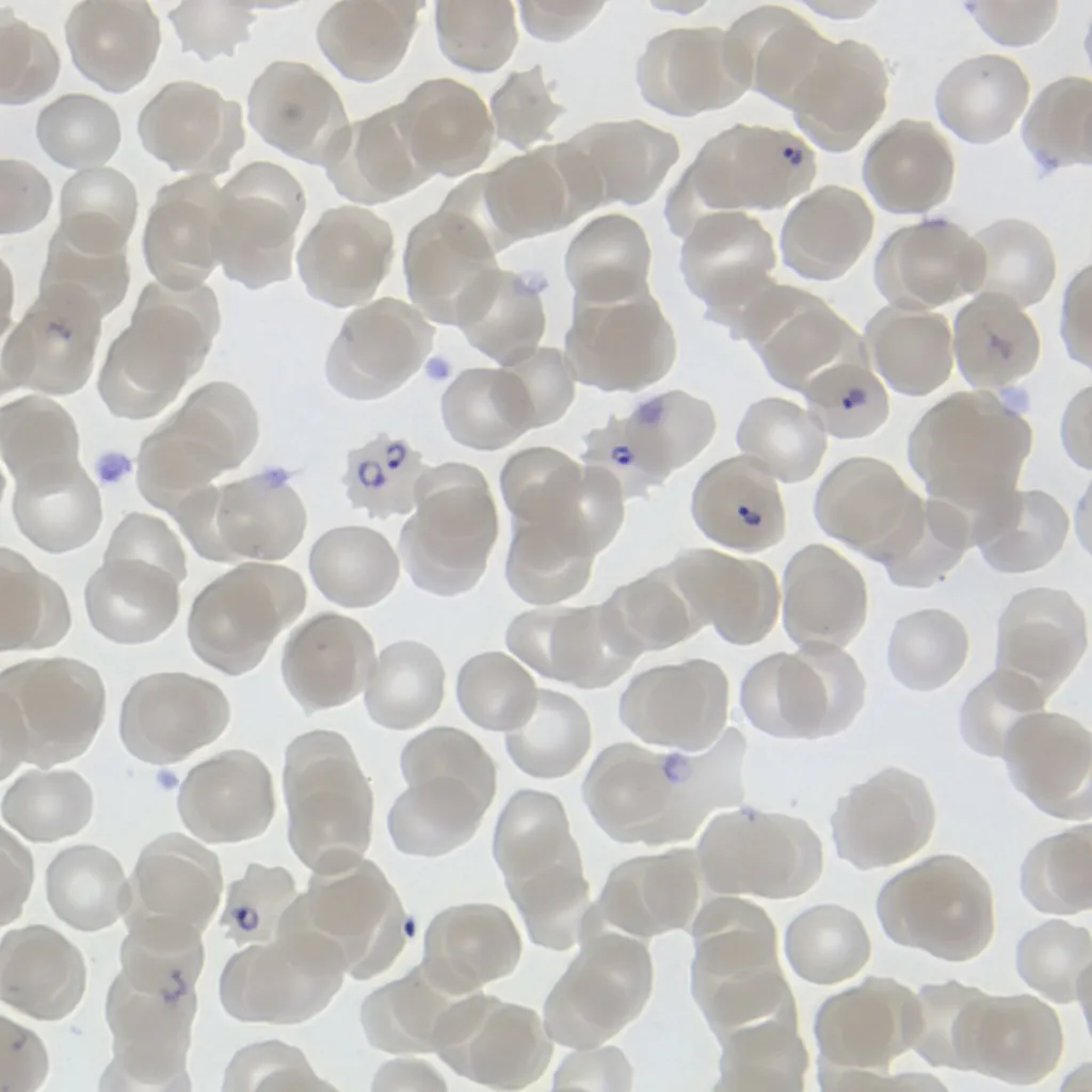 Frotiu de sânge la microscop cu paraziți inelați în globule roșii.
