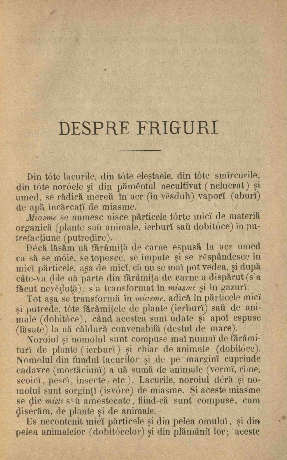 Pagină din 1873 cu începutul capitolului Despre friguri, în ortografia vremii.