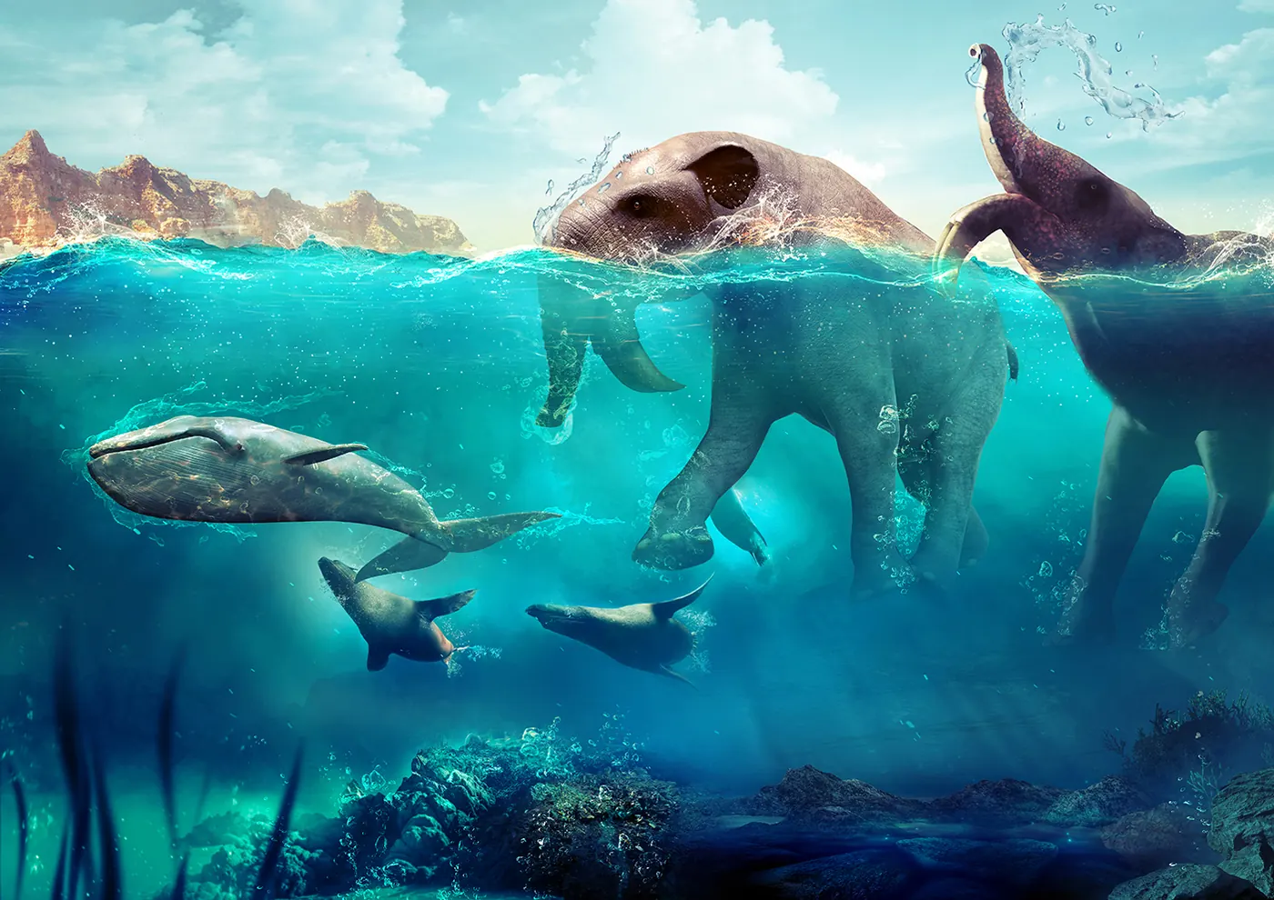 Ilustrație: o balenă mică înoată în apa puțin adâncă a unui lac, iar pe mal un deinoteriu cu colți curbați în jos privește spre ea