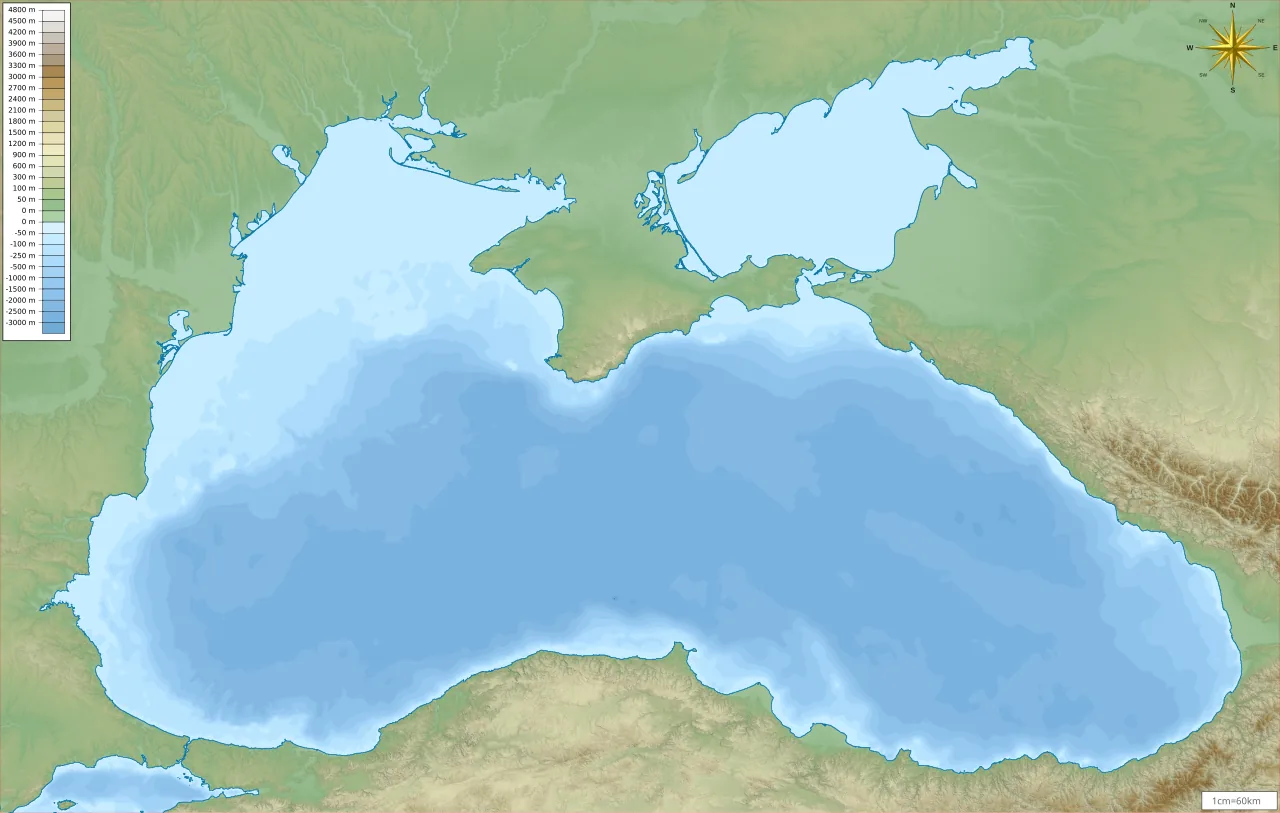 Harta Mării Negre: ape puțin adânci, în albastru-deschis, pe margini și în nord-vest, și ape de peste 2.000 de metri, în albastru-închis, la mijloc.