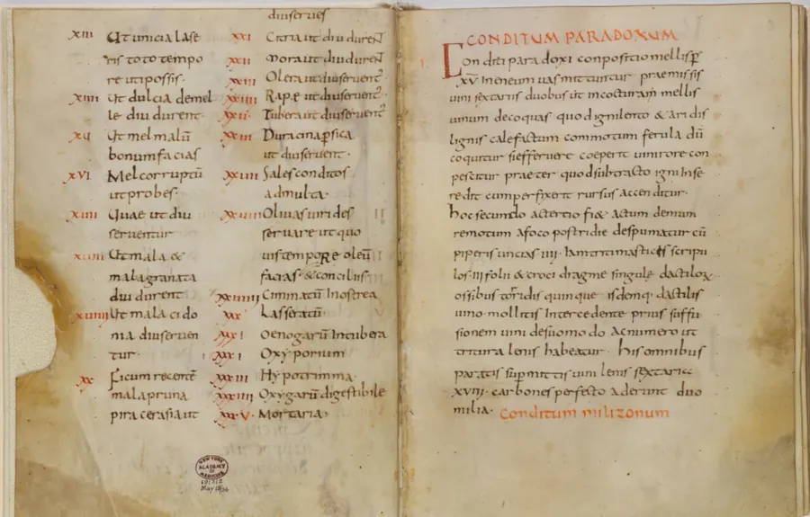 Prima pagină a cărții numite Apicius, De re coquinaria, manuscris NYAM.