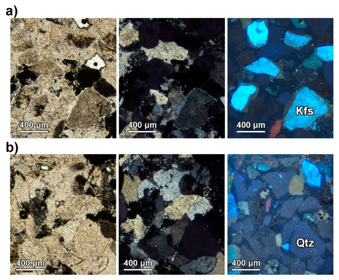 Tres imágenes al microscopio de la misma zona de una arenisca de Montjuïc: con luz polarizada, con nícoles cruzados y en catodoluminiscencia, donde los granos de feldespato brillan en azul claro dentro de un borde más oscuro.
