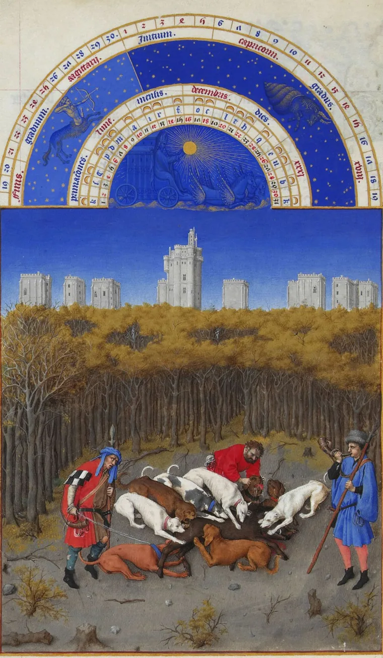 Pagină de decembrie dintr-un calendar medieval cu miniaturi