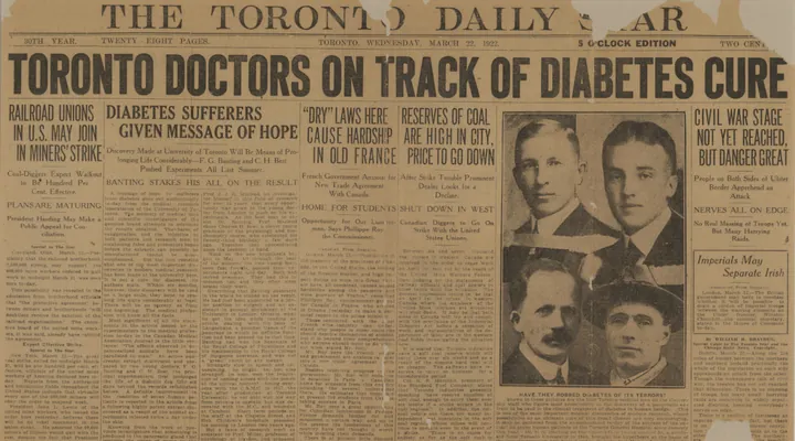 Prima pagină îngălbenită a ziarului Toronto Daily Star din 1922, cu titlul despre descoperirea lui Banting.