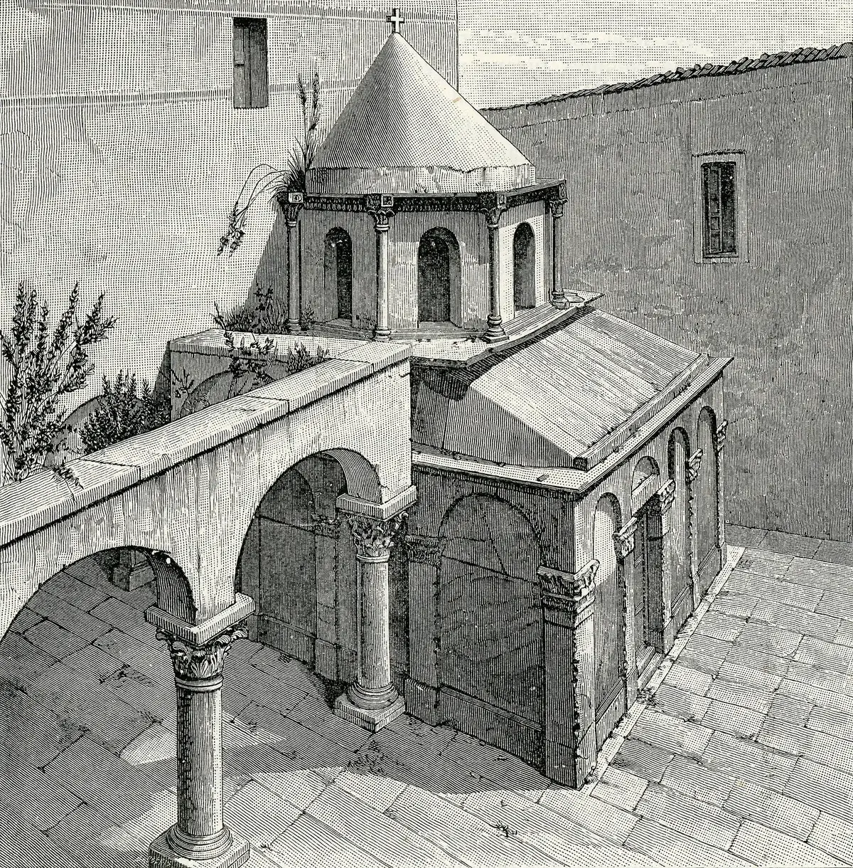 Gravură cu un mic mausoleu de piatră cu cupolă, lângă o catedrală.