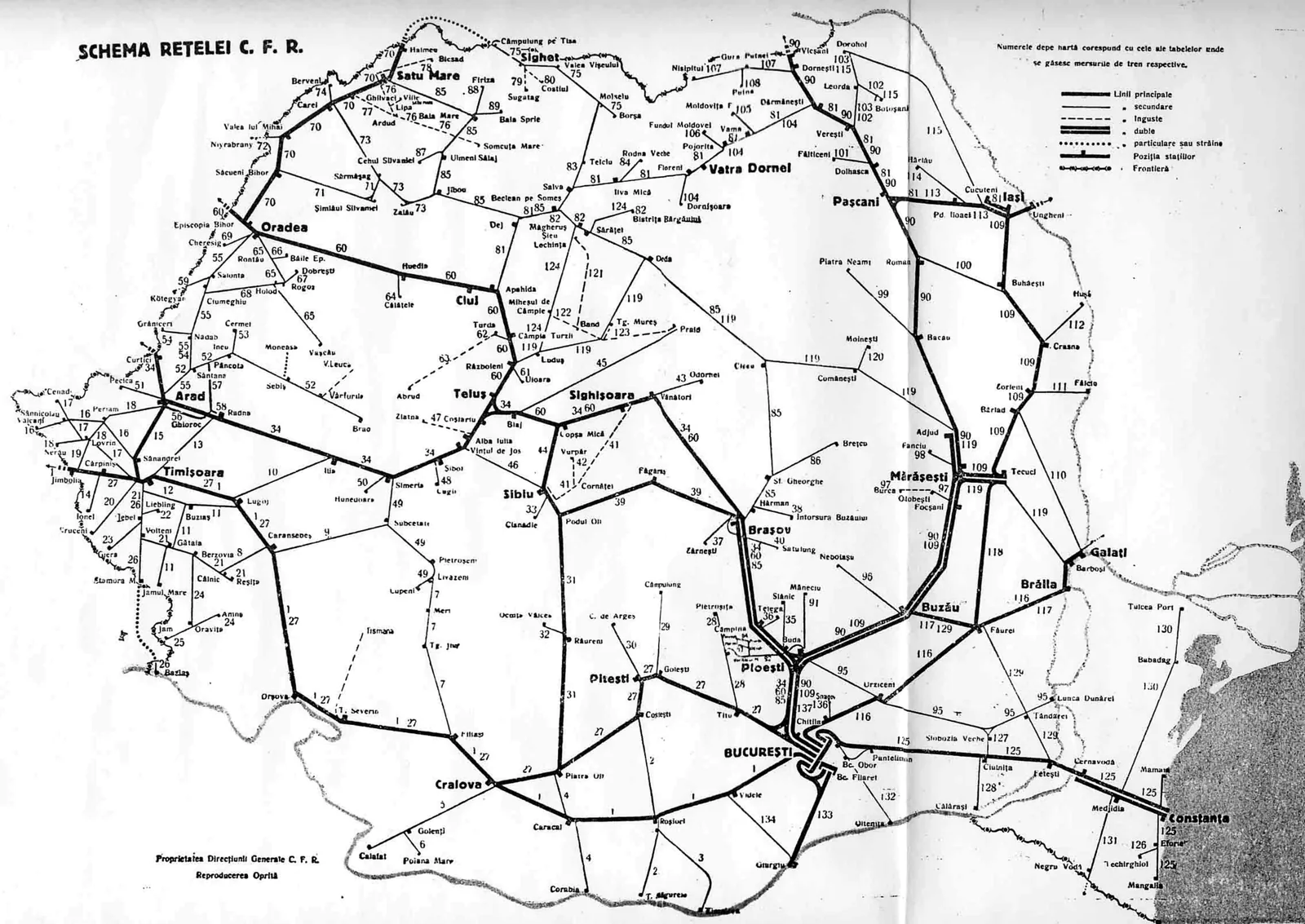 Schema rețelei feroviare românești tipărită în mersul trenurilor din 1948.