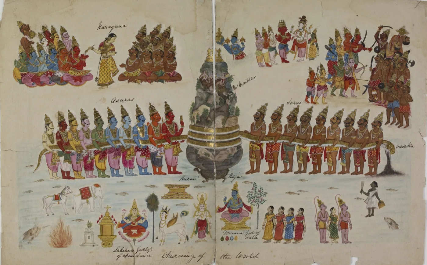 An 1820 painting depicting the Churning of the Ocean of Milk (Samudra Manthan), with gods and demons pulling the serpent Vasuki around Mount Mandara.