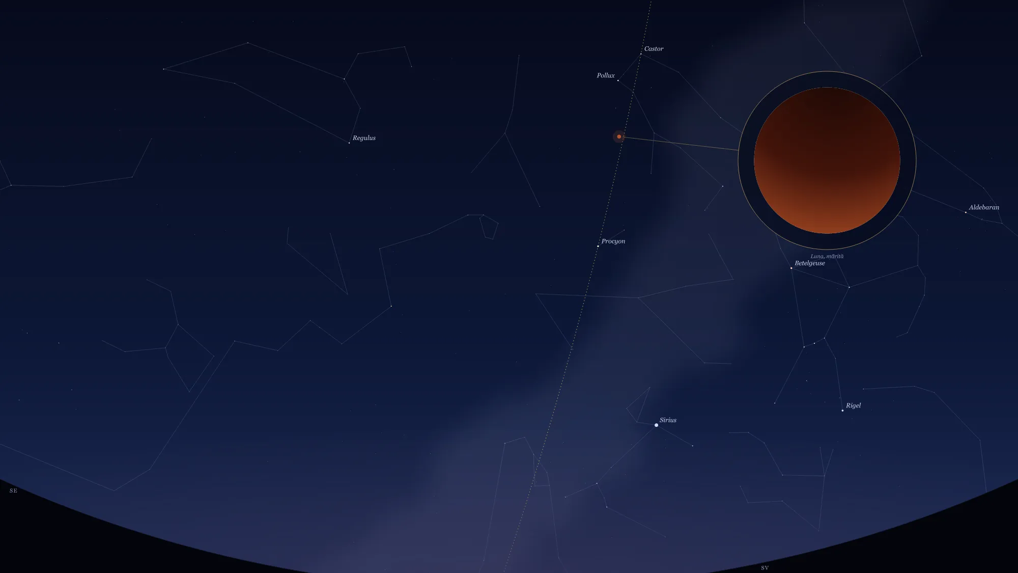 Cerul calculat deasupra Oradei la mijlocul eclipsei de Lună din 28 decembrie 1460.