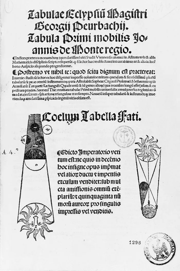 Printed title page in black letter with two woodcuts of eclipses.