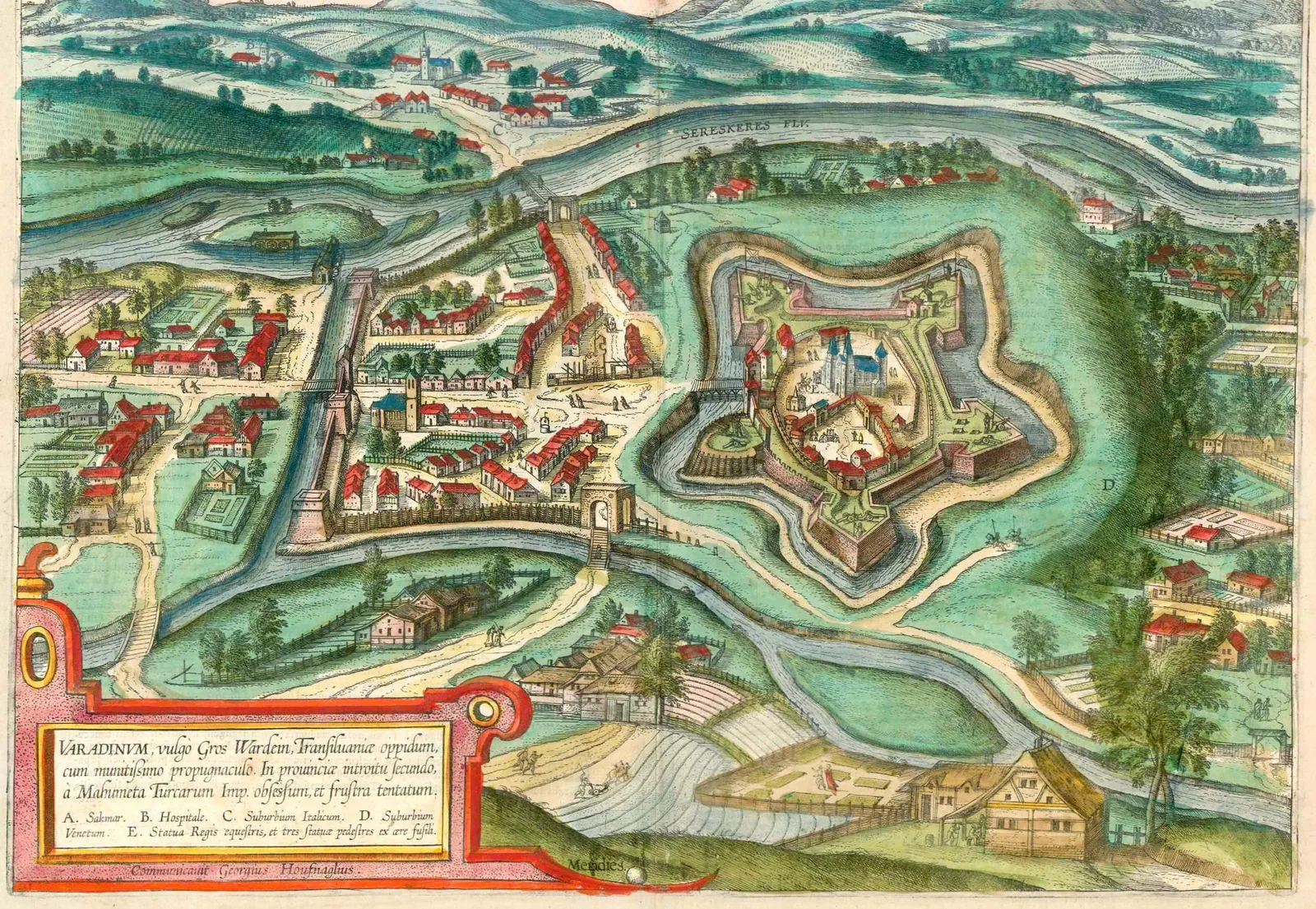 A 1618 view of Oradea: the pentagonal fortress with five bastions and a church inside, the town with red-roofed houses, the river and hills beyond