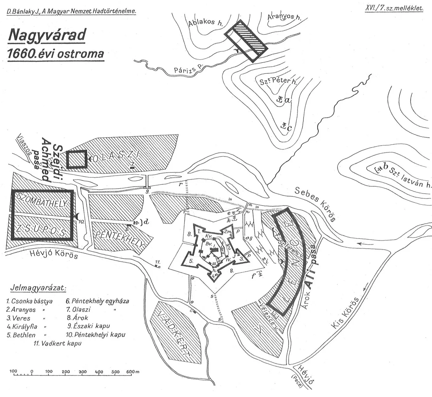 A schematic plan of the 1660 siege: the pentagonal fortress with numbered bastions, the Ottoman camps and the scale in metres