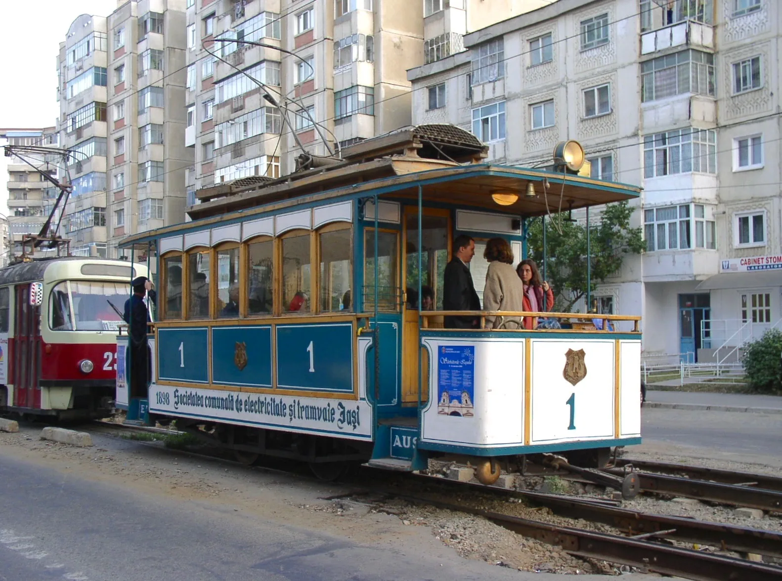 Heritage tram number 1 on a street in Iași