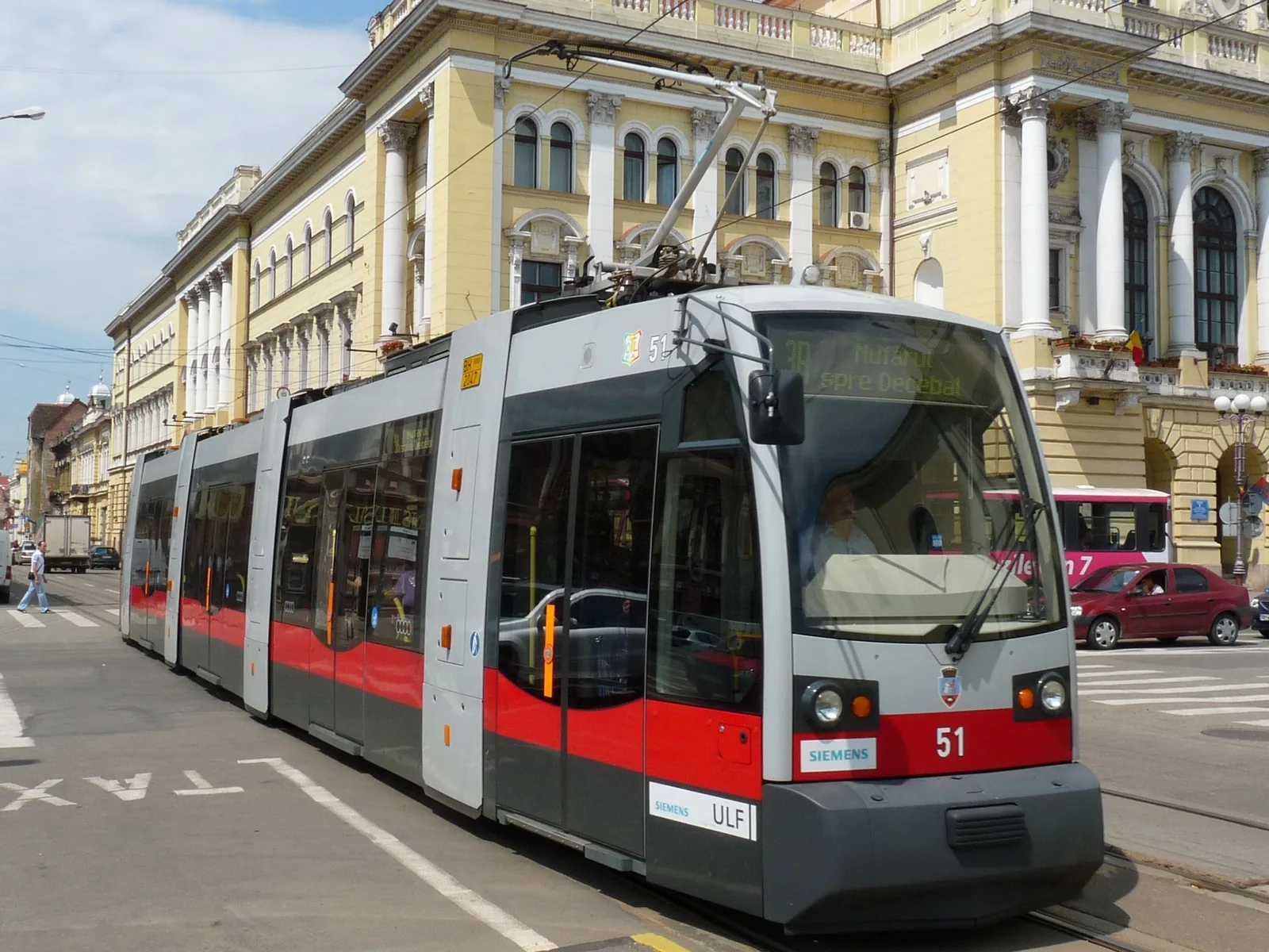 A Siemens tram running through the historic centre of Oradea