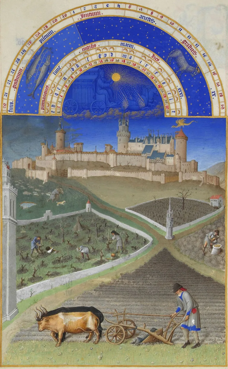 Luna martie în Très Riches Heures du duc de Berry: plugari și vieri sub zidurile castelului.