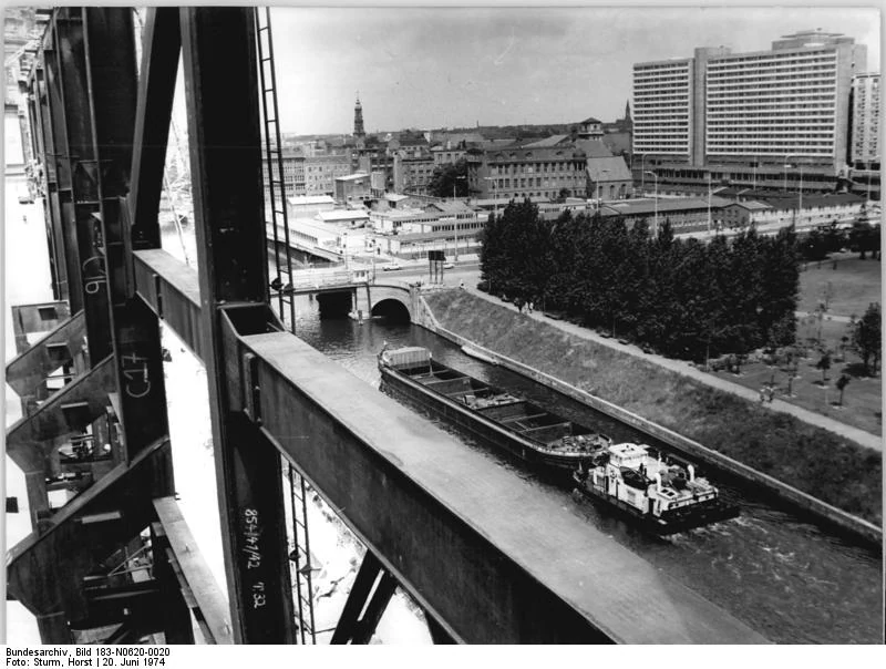 The steel frame of Palast der Republik under construction beside the Spree on 20 June 1974.