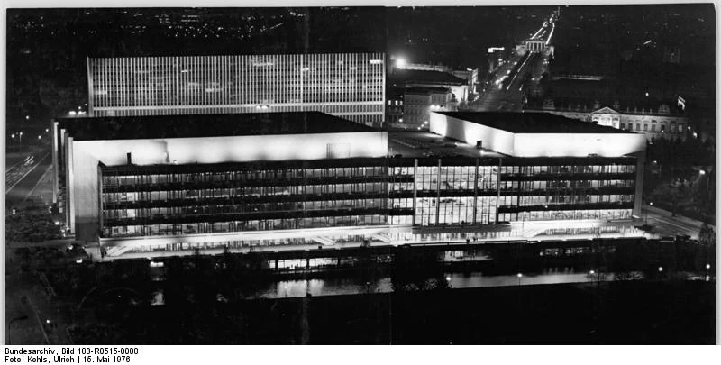 Palast der Republik illuminated at night, photographed on 15 May 1976.