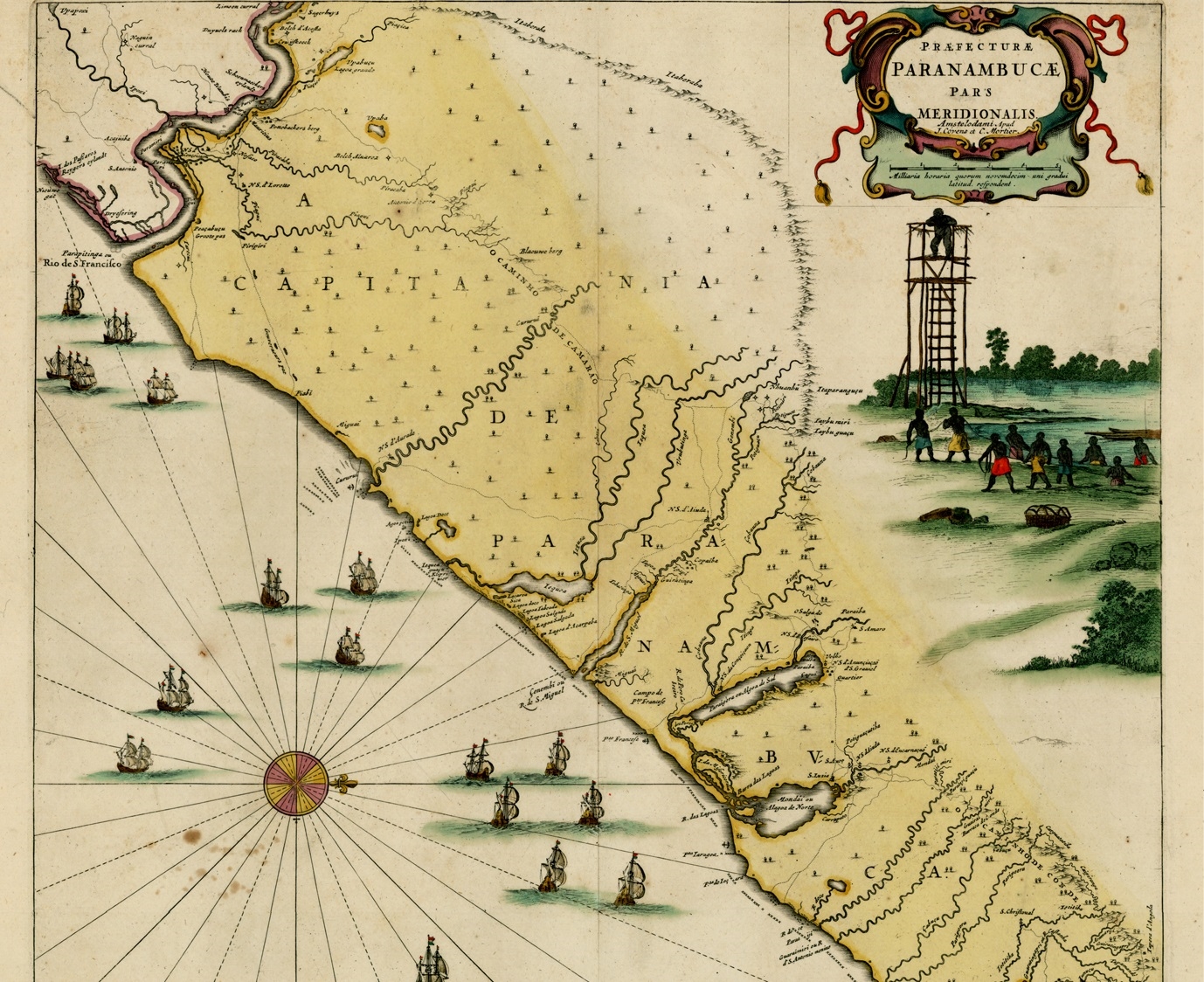 Hartă olandeză din 1647 a sudului căpităniei Pernambuco, cu o reprezentare a Palmares