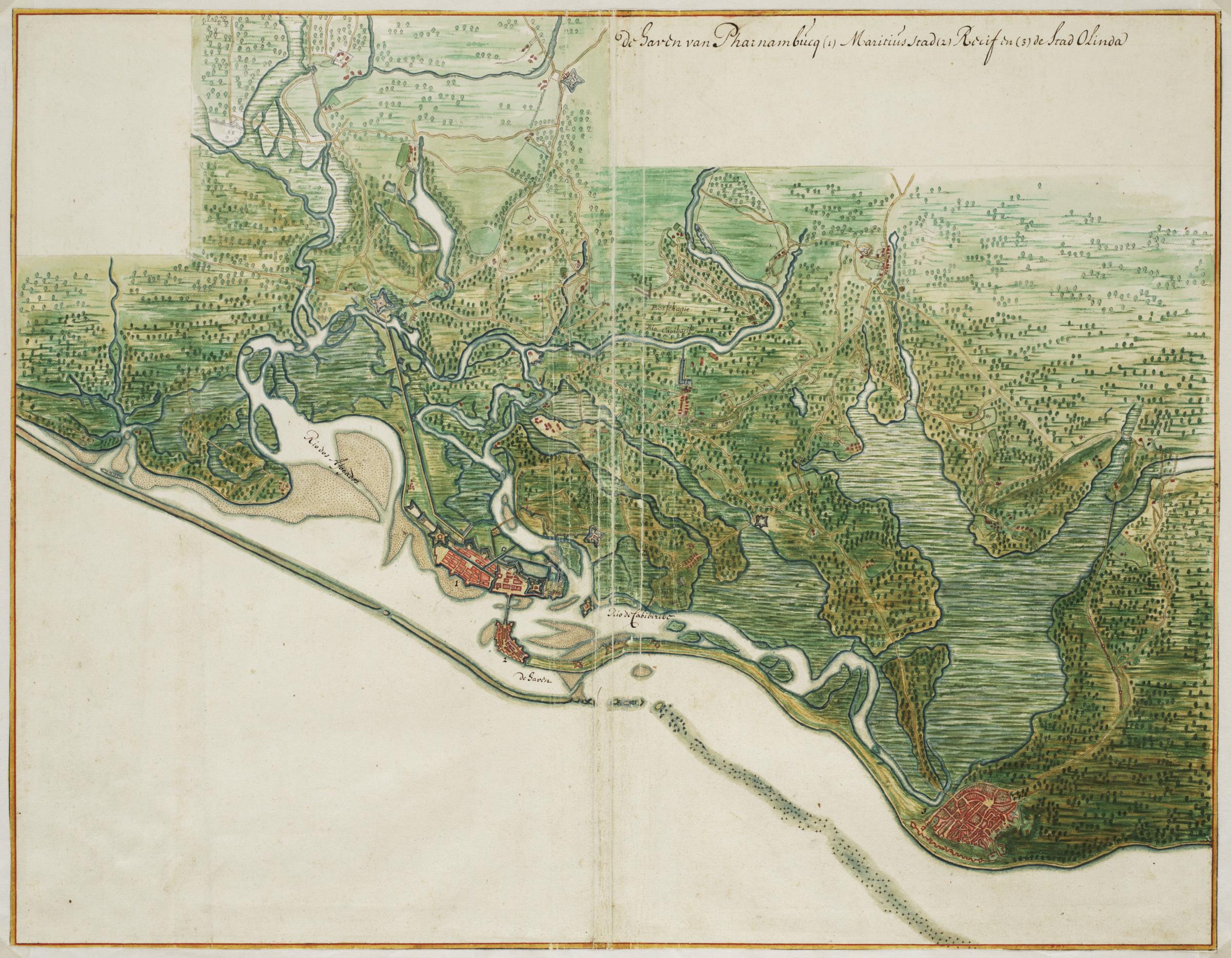 Hartă pictată a Pernambuco din jurul lui 1665, cu Recife, Olinda și Mauritsstad