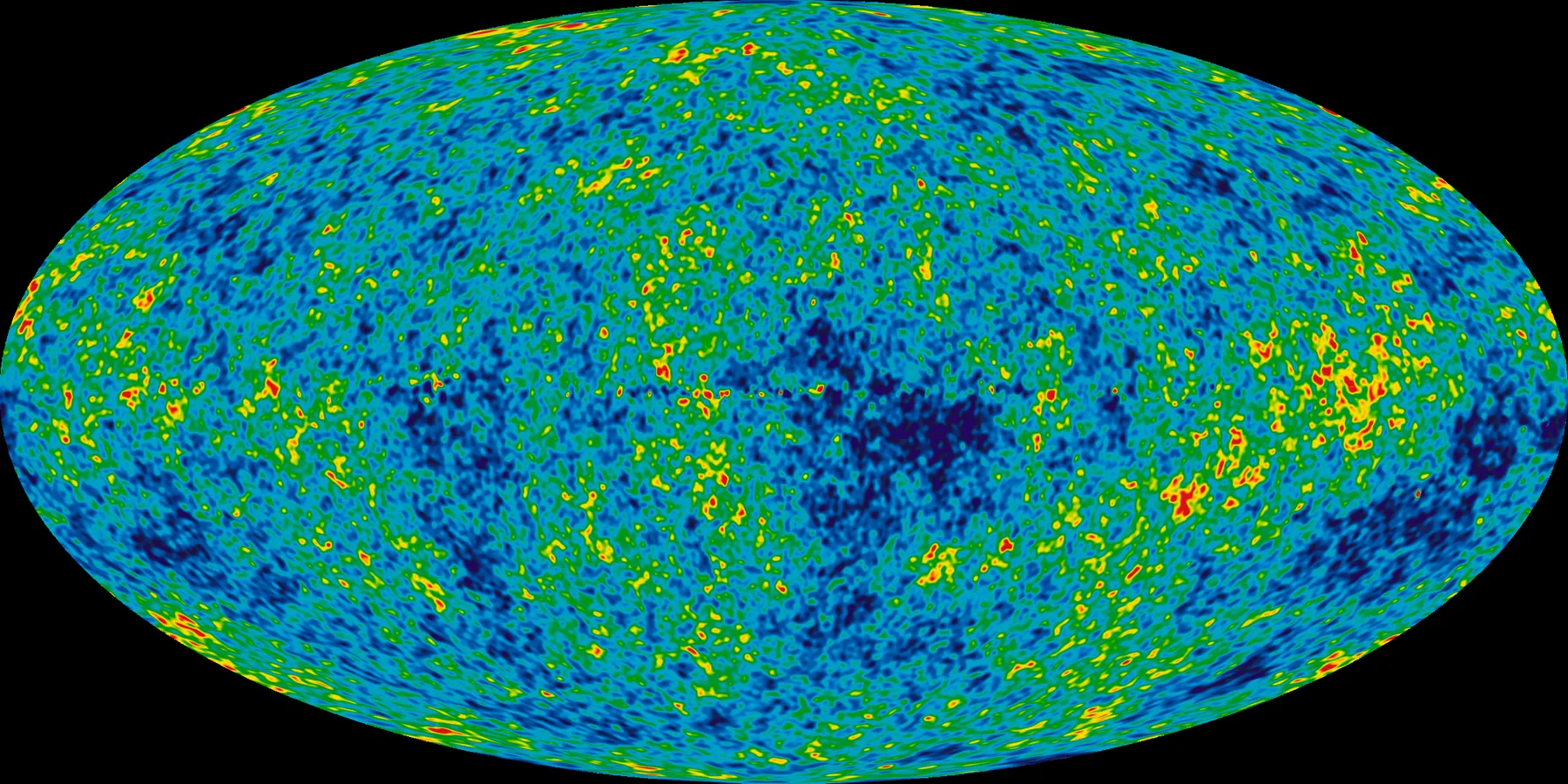 Tot cerul în microunde, după nouă ani de observații WMAP. Scala de culori merge de la 0,0002 grade sub la 0,0002 grade peste 2,7255 K.
