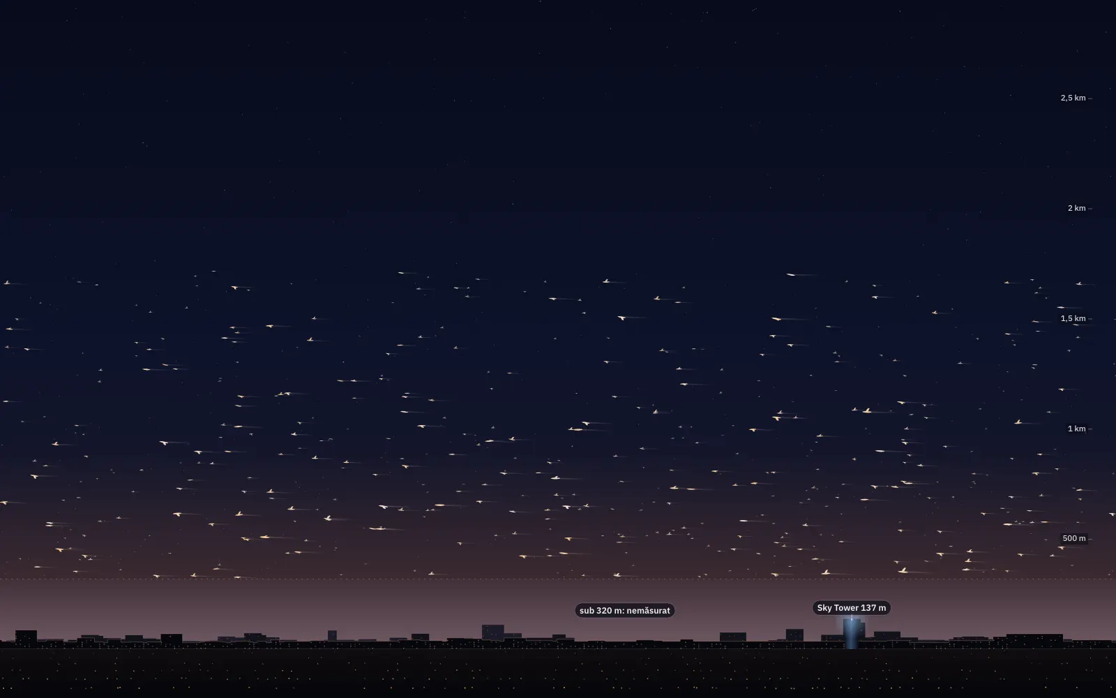 The sky over Bucharest at 20:50, full of birds flying south-west
