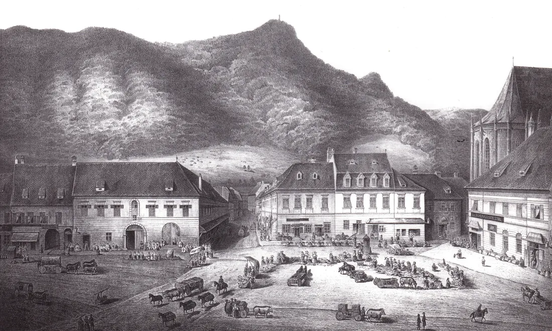 Târgul Brașovului în 1848, desen de epocă.