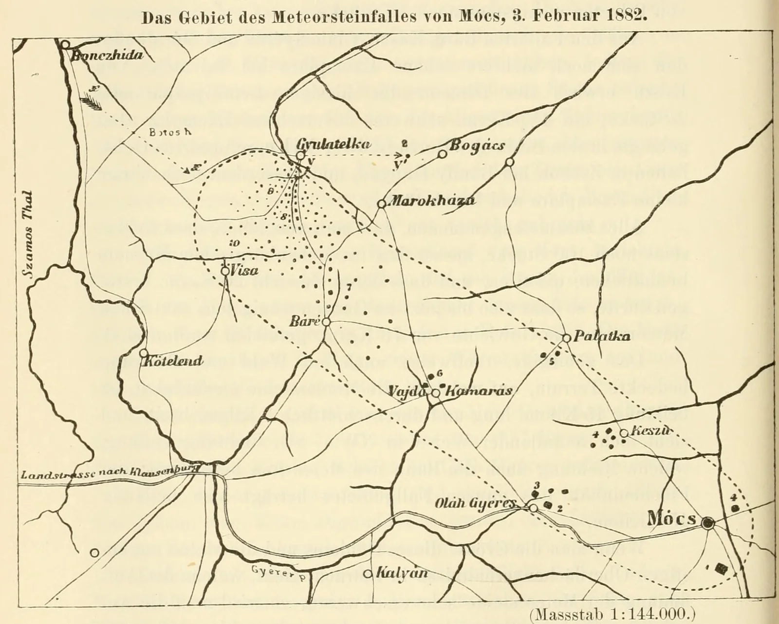Koch's 1882 map: the stone-fall field between Gyulatelke and Mócs, with the villages and the dots where the stones fell, small in the north-west and big in the south-east.