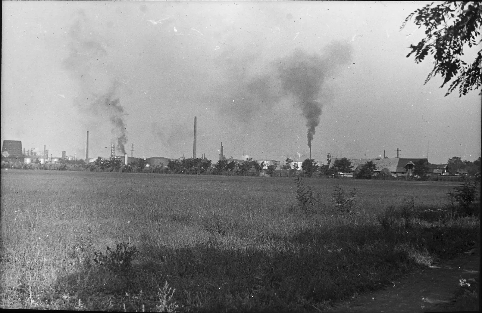 Rafinărie la Ploiești, 1935: coșuri fumegând peste câmp.