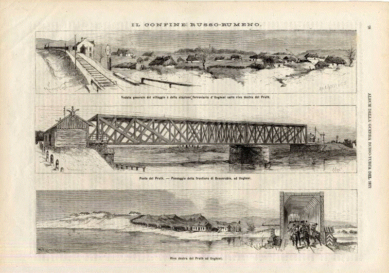 Gravură veche de la Ungheni: satul, podul și Prutul, circa 1880