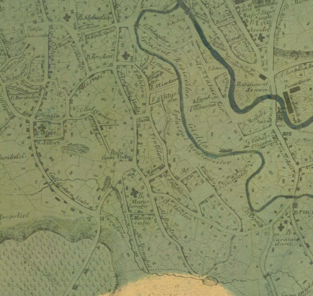 Detaliu din planul 1871: Calea Șerban Vodă și pârâul Gârlița