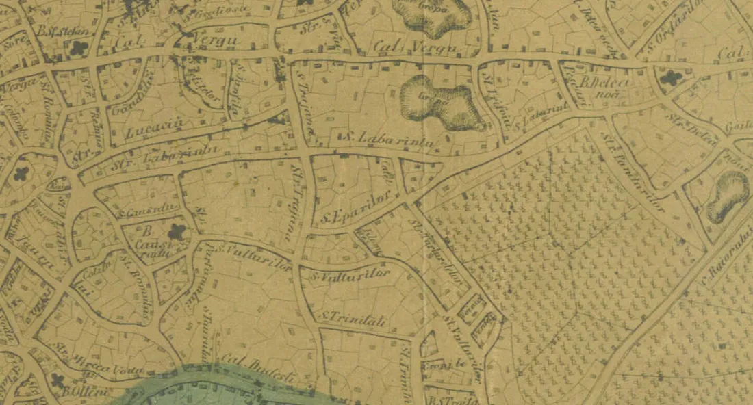 Detaliu din planul 1871: Calea Vergului și biserica Lucaci