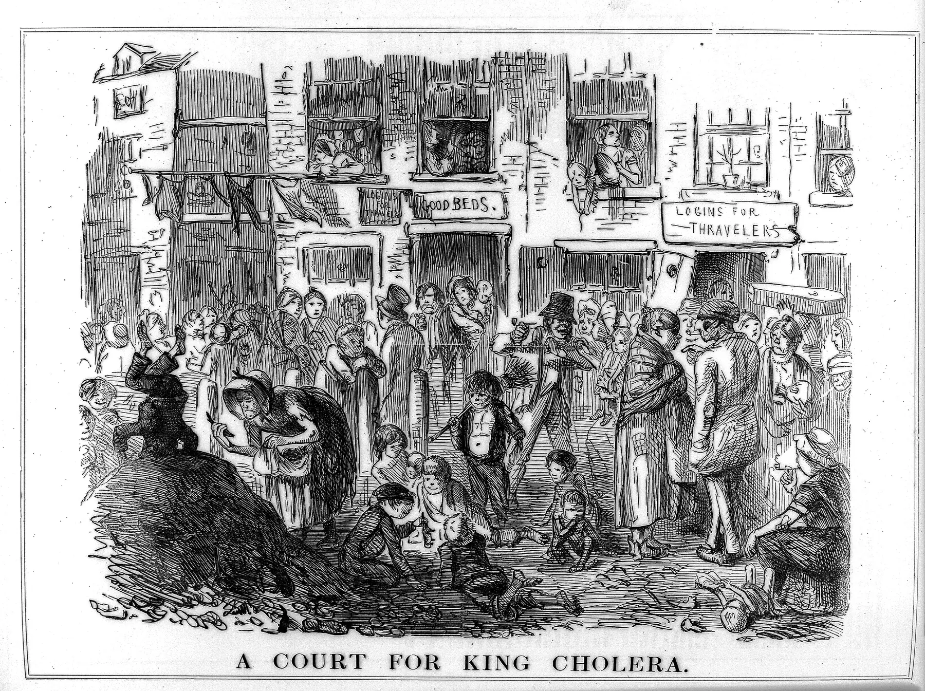 „A Court for King Cholera”: holera ca rege al curților murdare și aglomerate, în revista Punch, 1852.