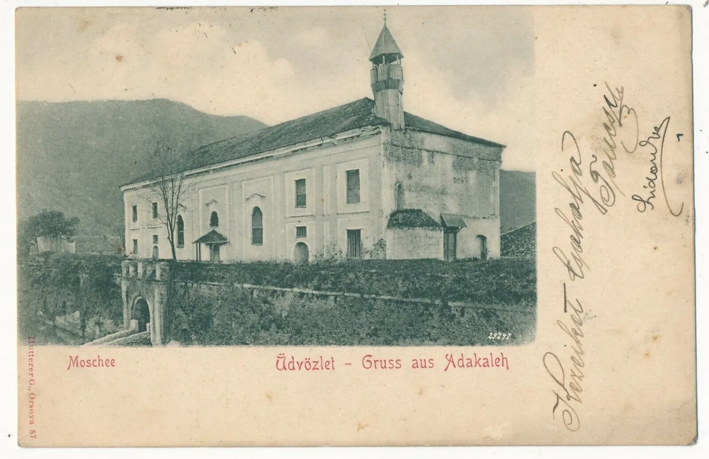 Geamia din Ada Kaleh într-o carte poștală din 1902.