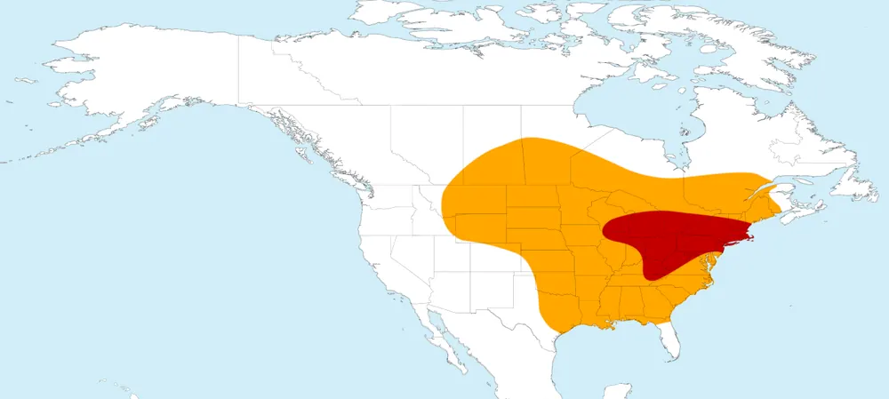 Map of North America showing the passenger pigeon's former range.