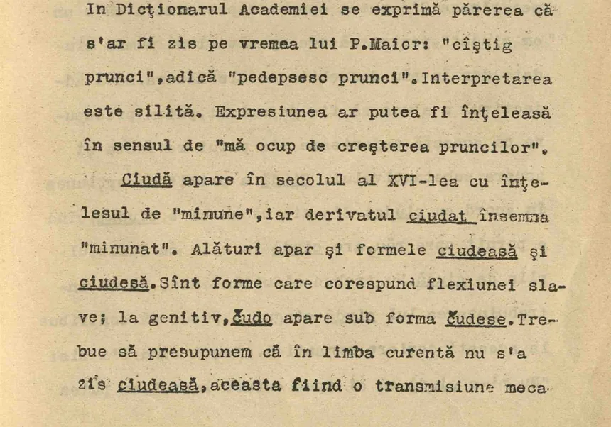 Cursul litografiat al lui Densușianu, pagina 23: «cîștig pruncii» înseamnă «mă ocup de creșterea pruncilor», iar «ciudă» însemna «minune», «ciudat» însemna «minunat», alături de formele «ciudeasă» și «ciudesă»