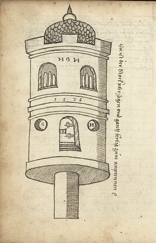 The “flying house”, attributed to Conrad Haas. A design illustrated in the manuscript; flight performance unknown.