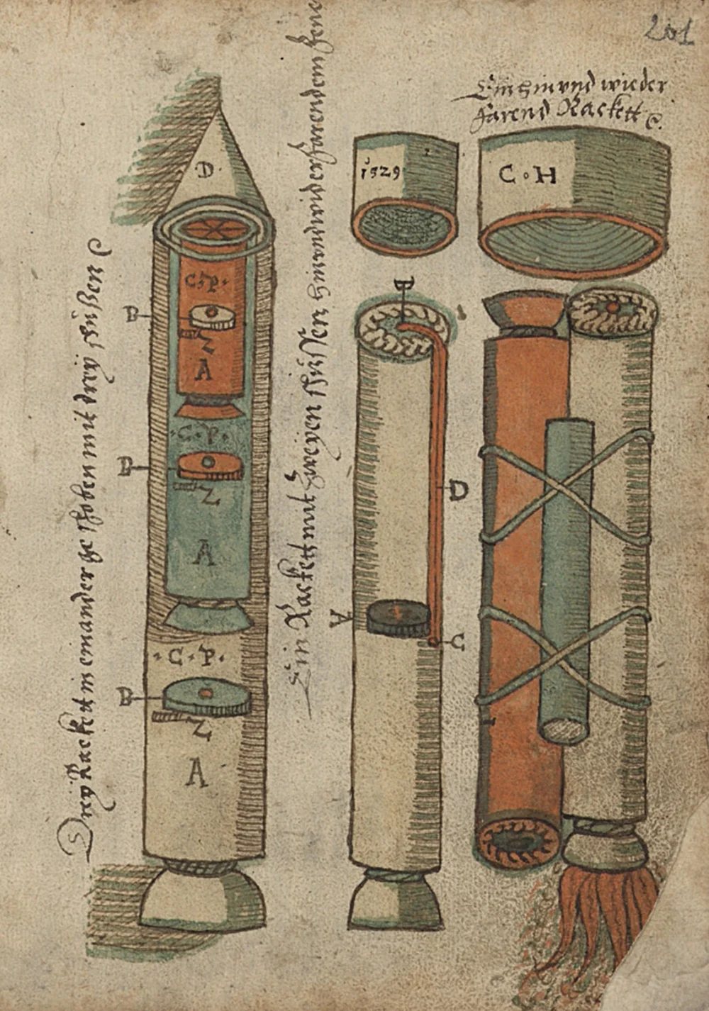 Fol. 201r, Conrad Haas: the three-stage rocket on the left and a separate design on the right. The date “1529” and initials “C H” are visible above. The folio follows the illustration concordance in the KdiH catalogue.