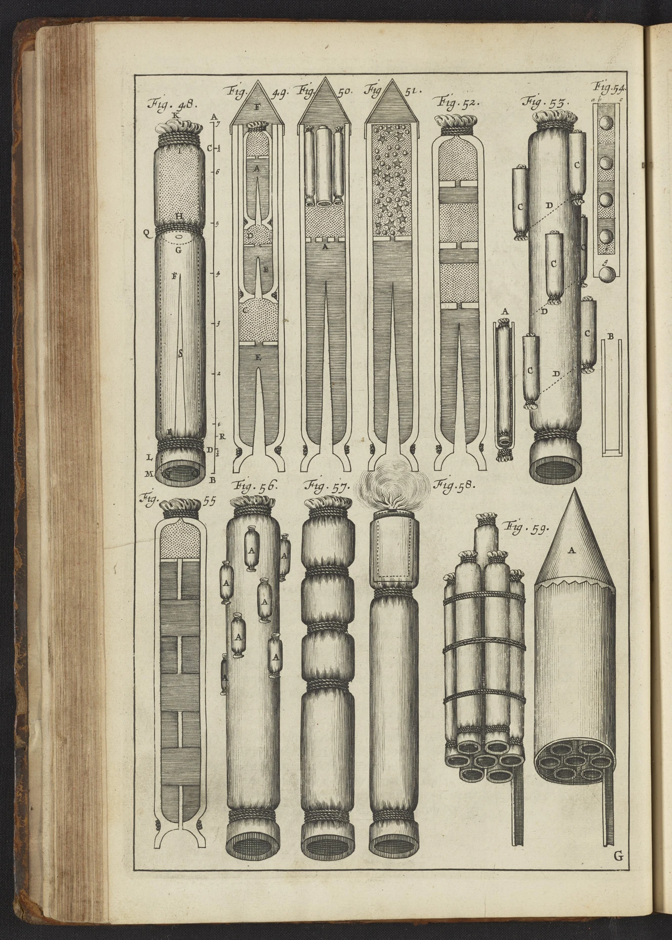 Planșa G, „Rachete montate pe bețe”, din Artis Magnae Artilleriae, Amsterdam, 1650. Gravură de Jacob van Meurs; autor al tratatului: Kazimierz Siemienowicz. Courtesy of Science History Institute. Domeniu public.