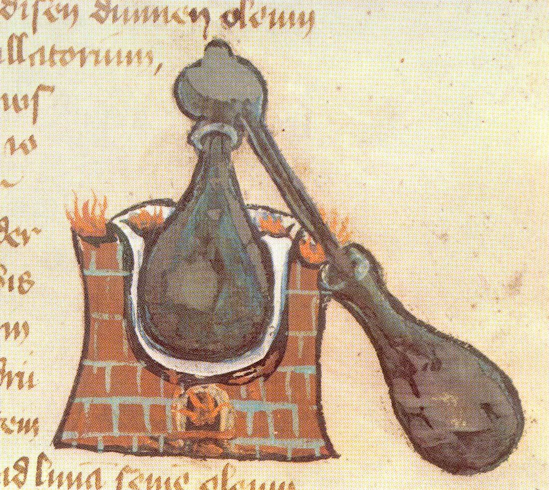 An alembic: the vessel where vapours rise and the sweat drips back.