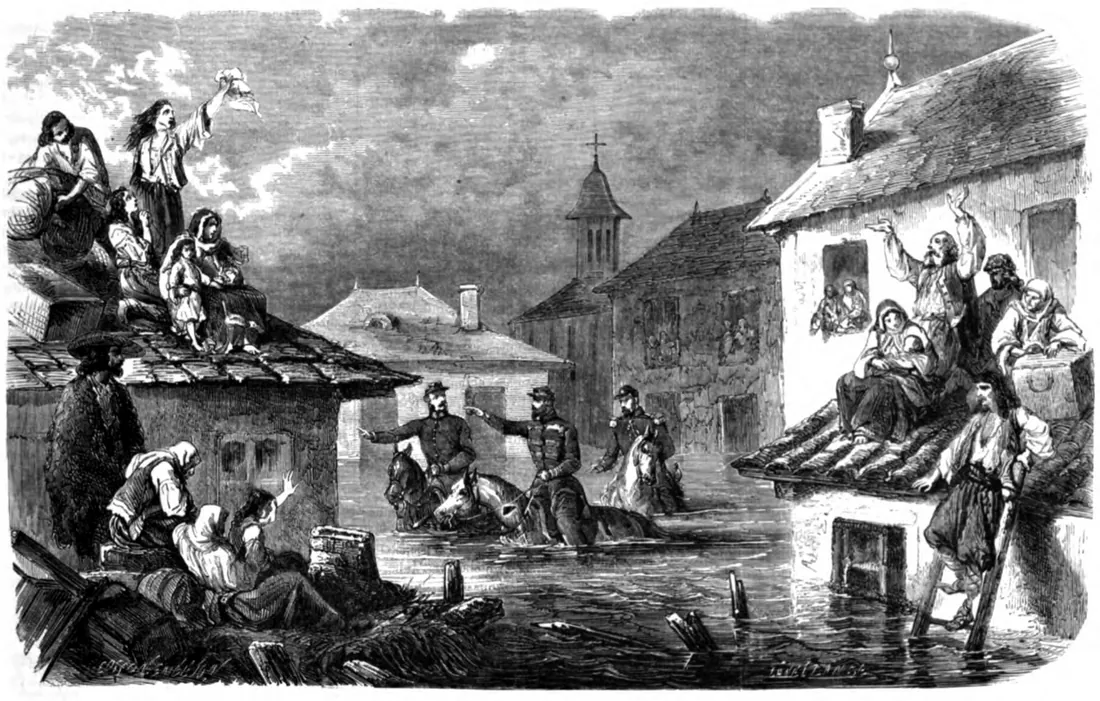 Engraving by Theodor Aman: the prince and the doctor among the flood victims