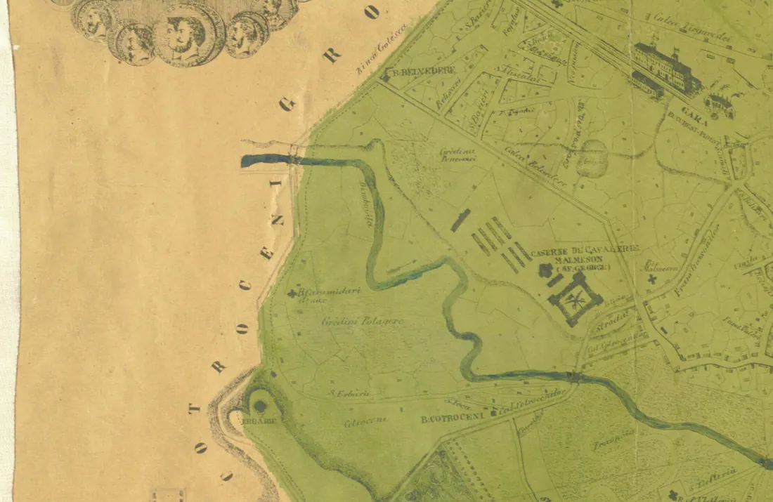 Detail of the 1871 plan: the Dâmbovița entering Bucharest in a wide loop