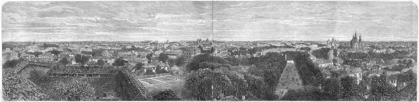 19th-century panorama of flooded Bucharest, people and boats among houses