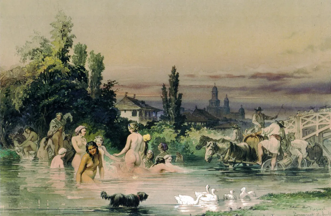 1868 watercolour: the Dâmbovița with low banks and houses, by Amedeo Preziosi