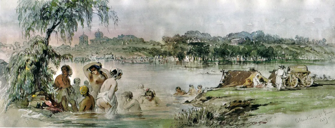 Watercolour by Amedeo Preziosi: women at the river, houses on the bank