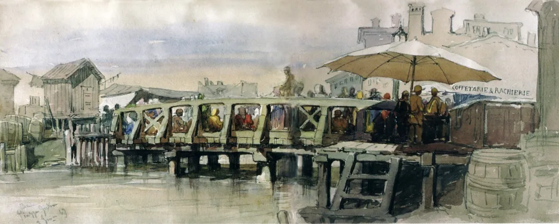 Watercolour by Amedeo Preziosi: wooden bridge over the Dâmbovița, people on the bank